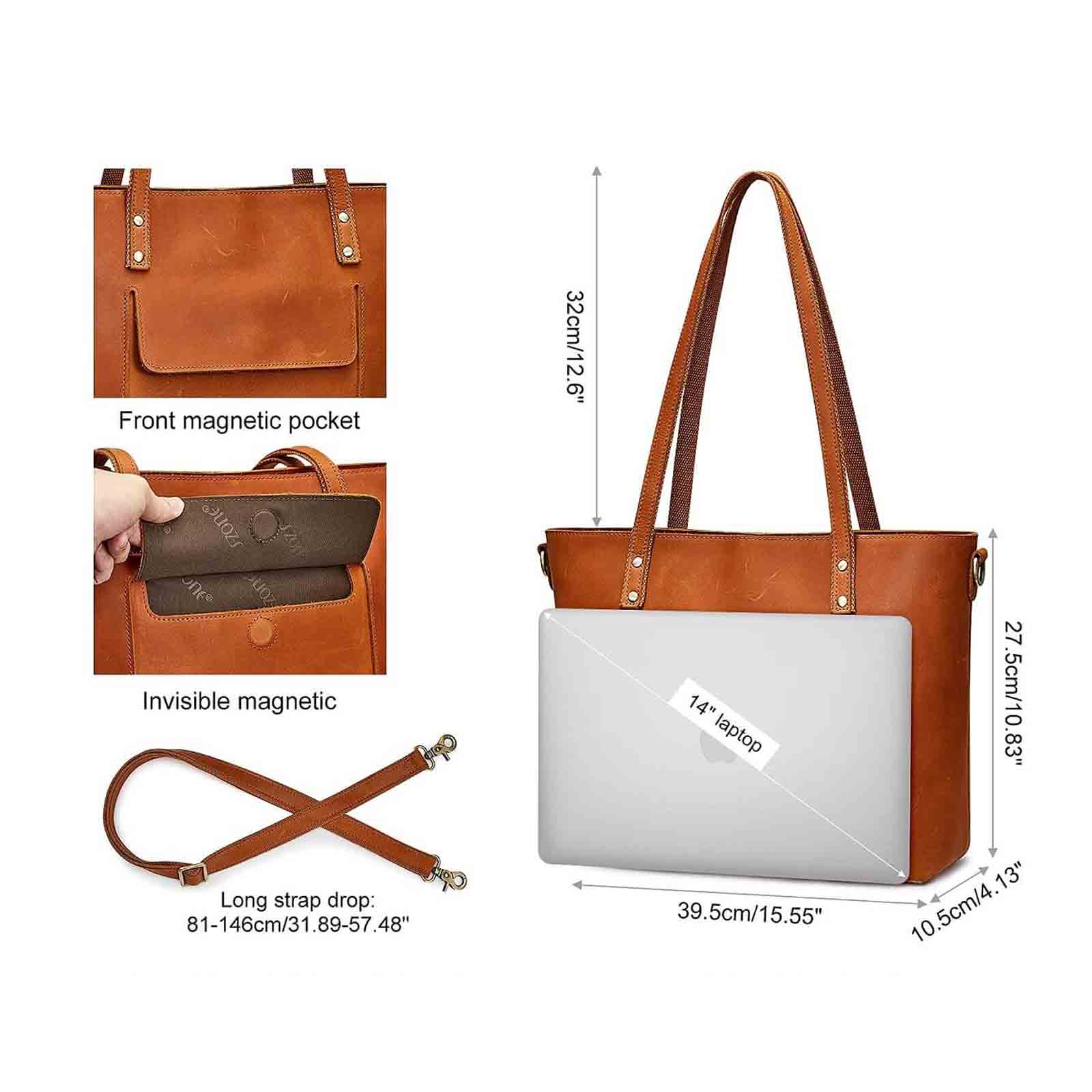 Large Leather Tote with Pockets