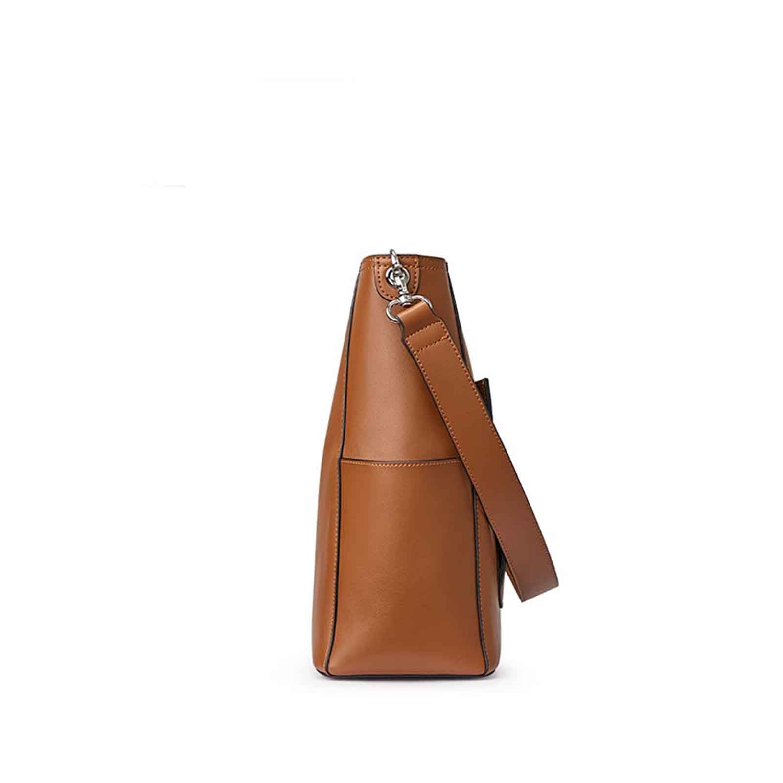 Side Pocket Genuine Leather Bucket Tote Bag
